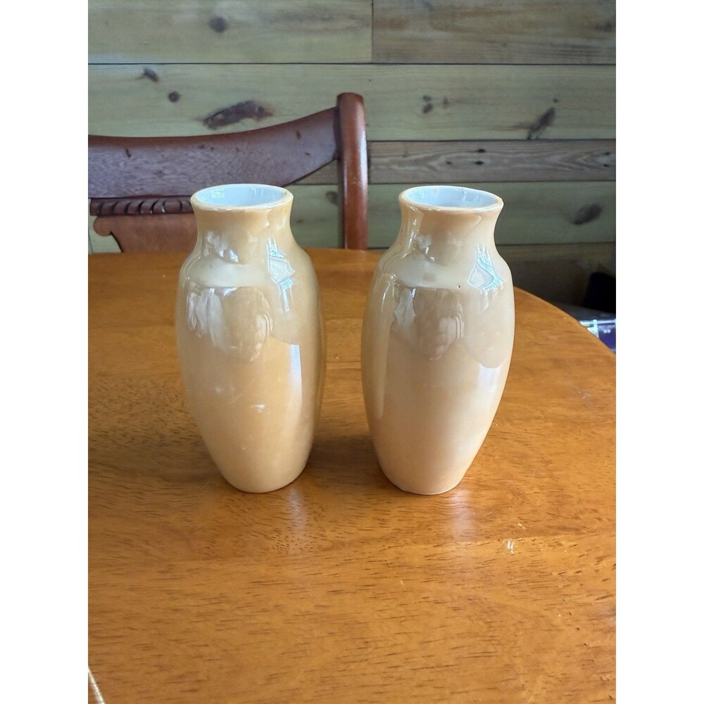 Vintage Pair Peach Luster Ceramic Vases Bottle Shape Blush Pink Retro Decor